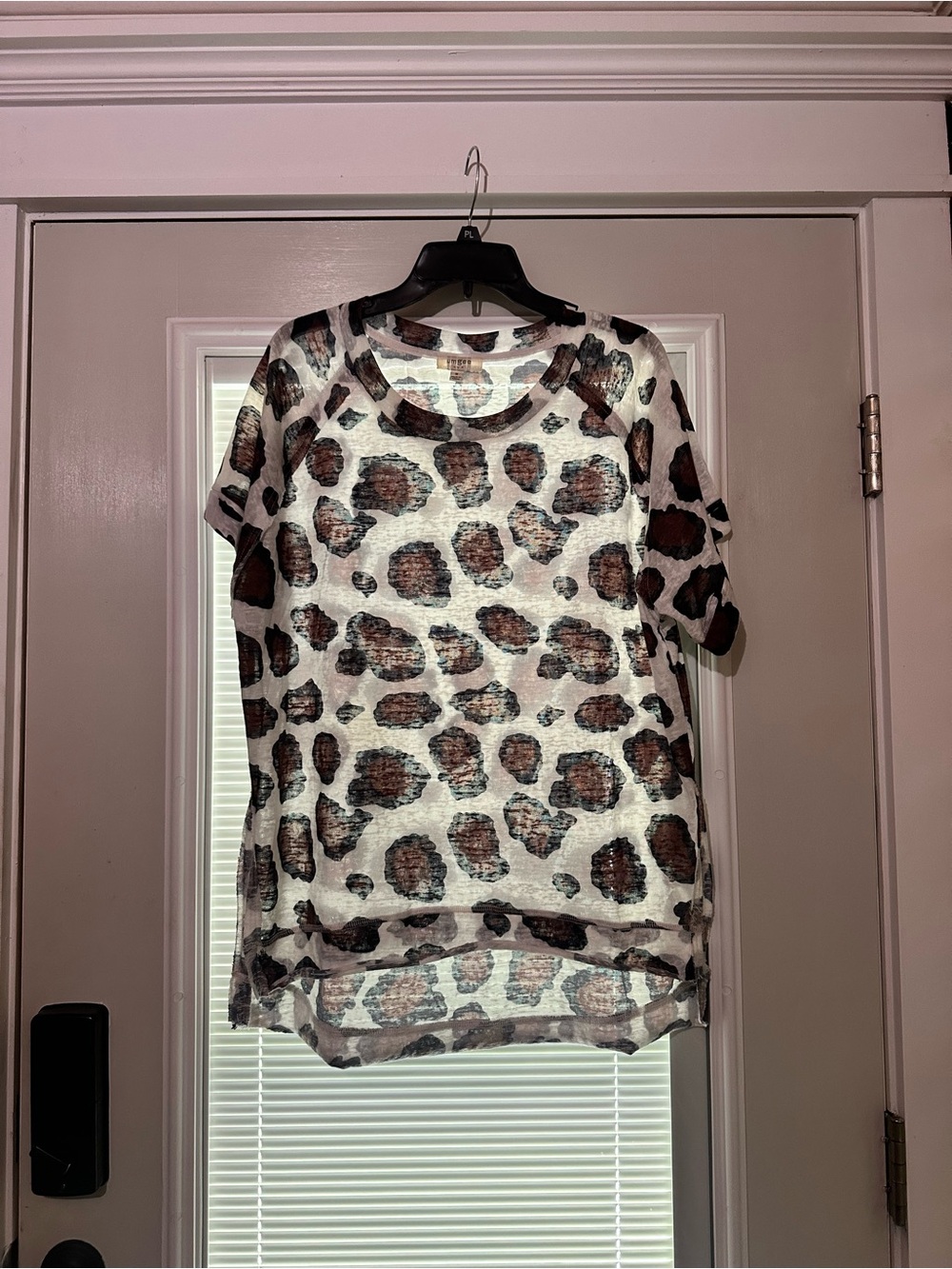 Umgee White Sheer Leopard Print Short Sleeve Top with Brown Spots